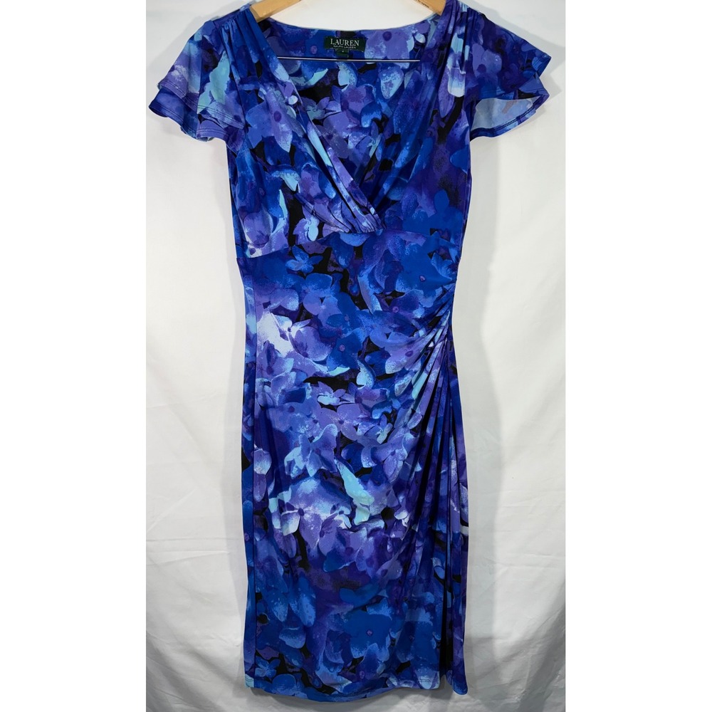 Lauren Ralph Lauren Blue Purple Floral Ruched Faux Wrap Sheath Dress 4
